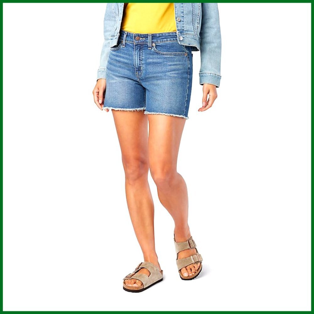 Mid Rise Denim Shorts with Frayed Hem and Stretch
